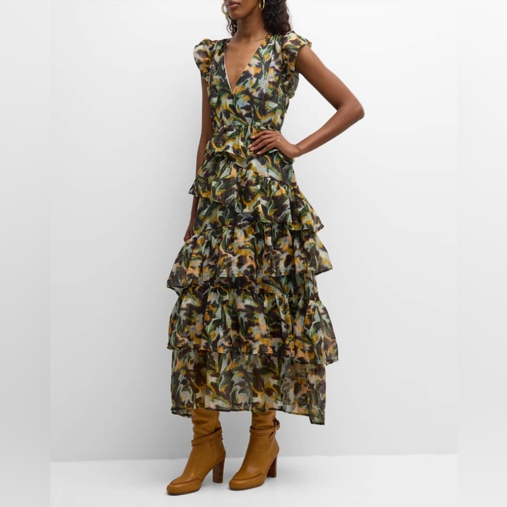 Marie Oliver Linen Silk Ruffle Midi Dress NWT Sz 6